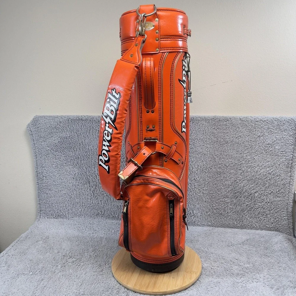 Vintage PowerBilt H & B Staff Golf Carry Bag Mens Orange Faux Leather 6-Way Hood